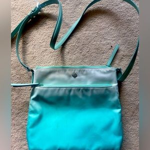 Kate Spade vinyl purse with inner and outer pockets in ombré turquoise.